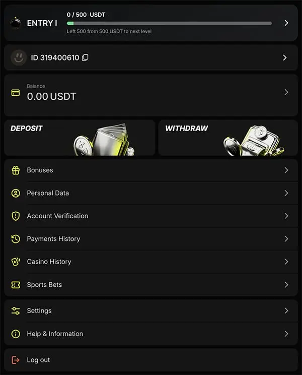 Parimatch account settings page showing the Verification or KYC tab location