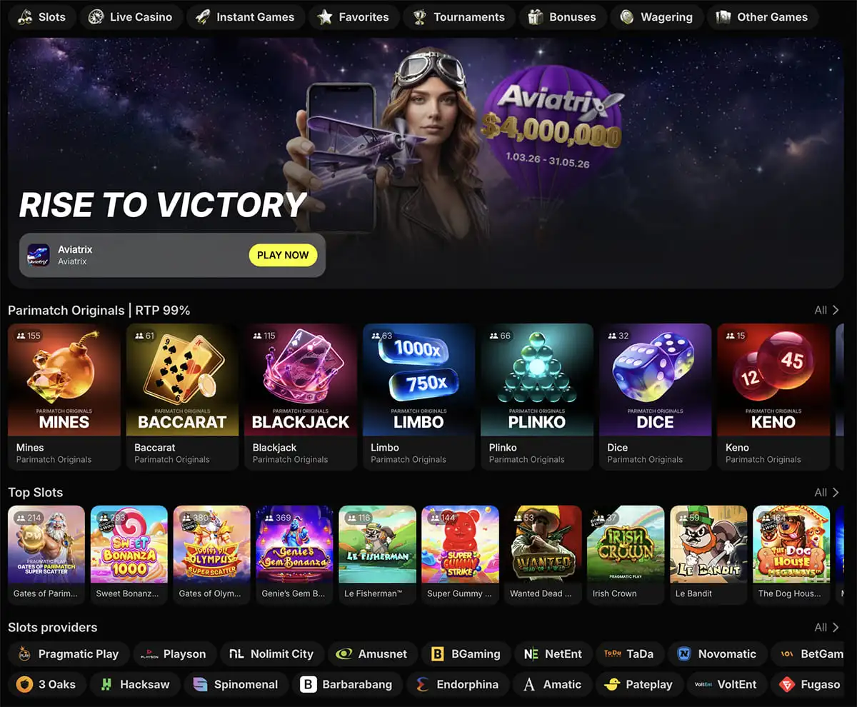 Parimatch Canada online casino lobby with 2000+ slots and live dealer options