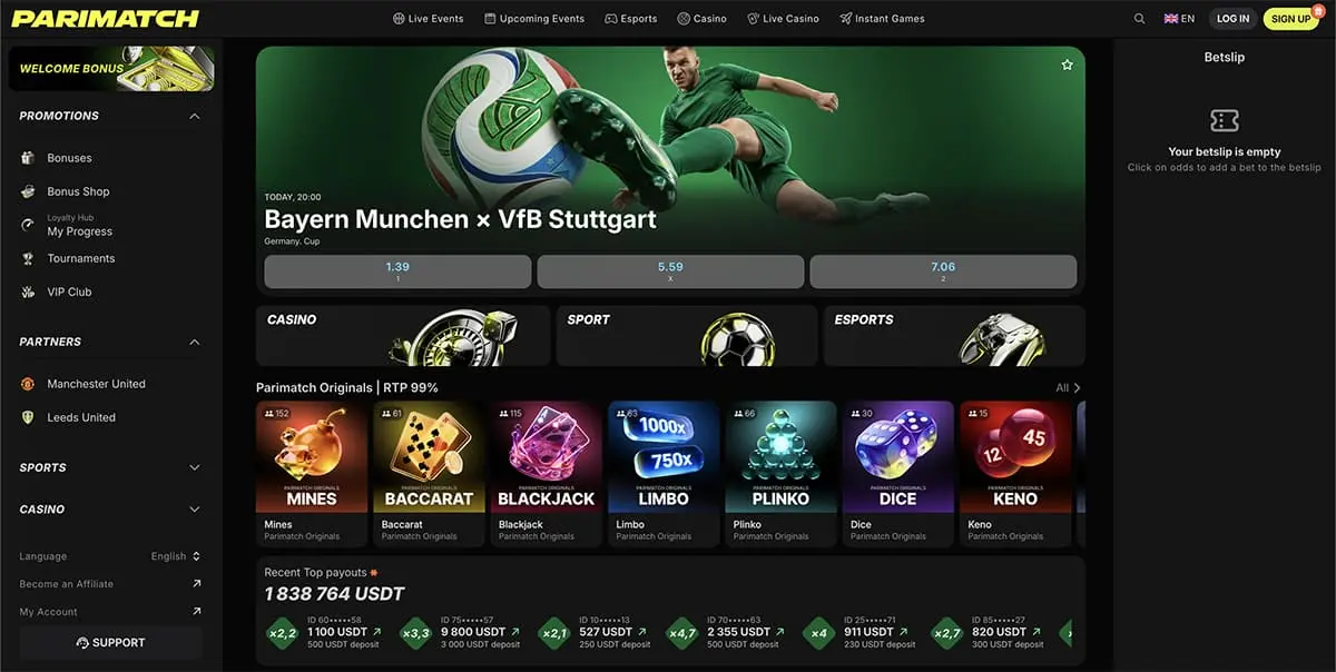 Parimatch Canada betting site homepage showing sportsbook and casino navigation