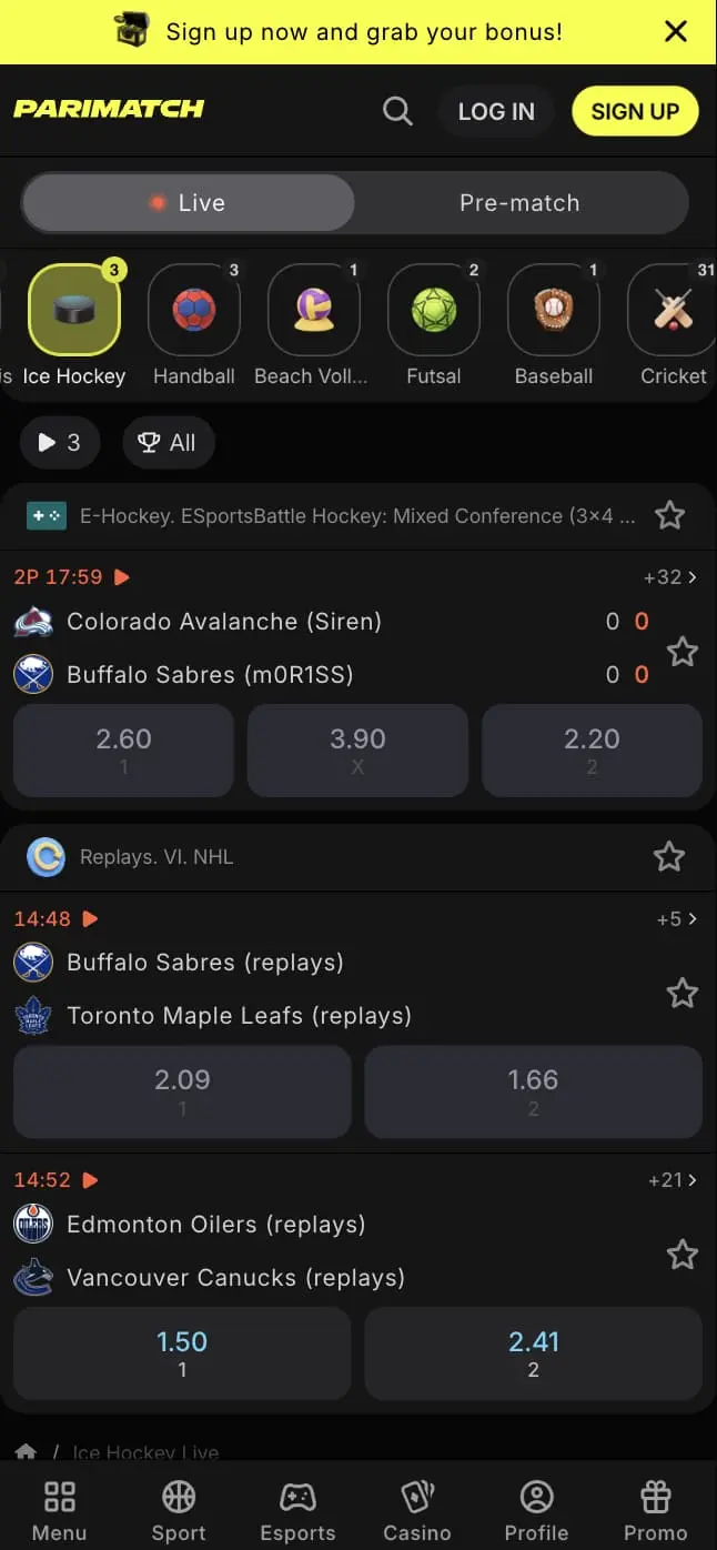 Parimatch Canada mobile website on iPhone — live sportsbook and NHL odds