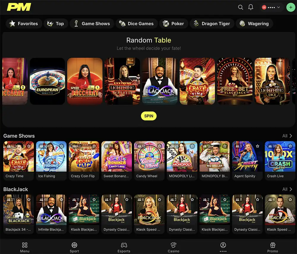 Parimatch Canada online casino lobby — slots grid, live dealer section, game categories visible
