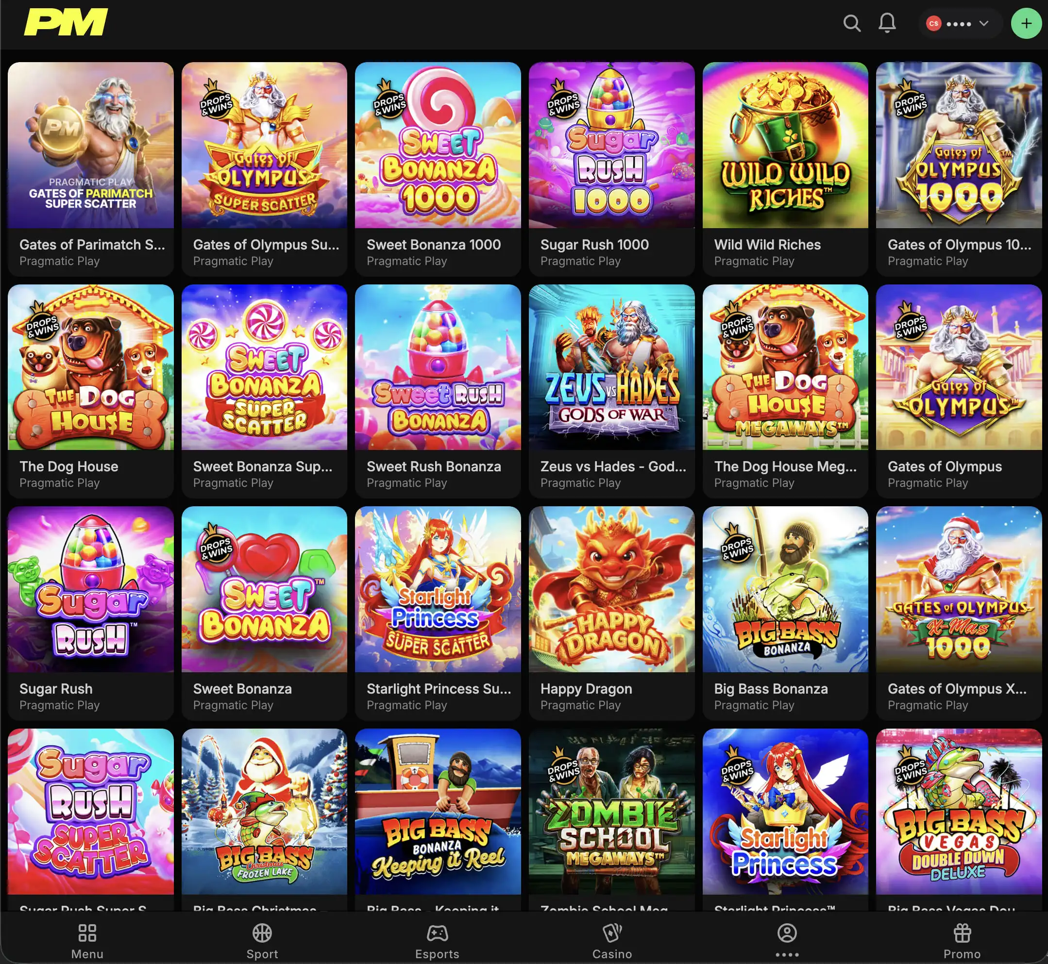 Parimatch Canada casino slots lobby — slot game thumbnails from Pragmatic Play, NetEnt, Play'n GO visible