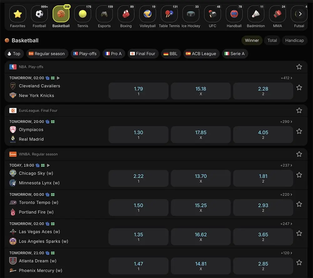 Parimatch Canada NHL betting page — game lines, puck line, player props, futures visible