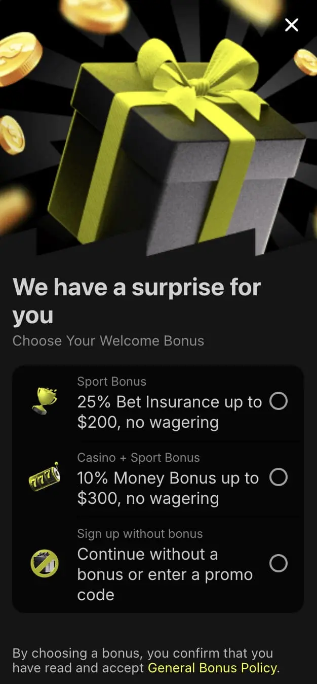 Parimatch Canada welcome bonus selection screen during registration — Sport Bonus and Casino+Sport Bonus options